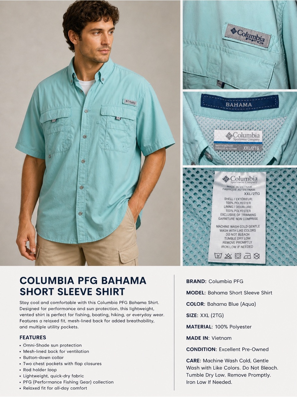 Columbia Bahama Short Sleeve Shirt - Aqua (Bahama Blue) size XXL